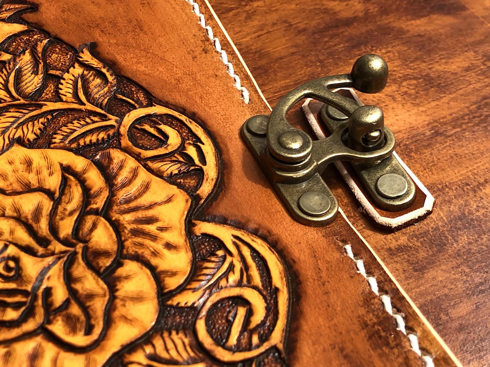 Solid brass hardware detail on leather